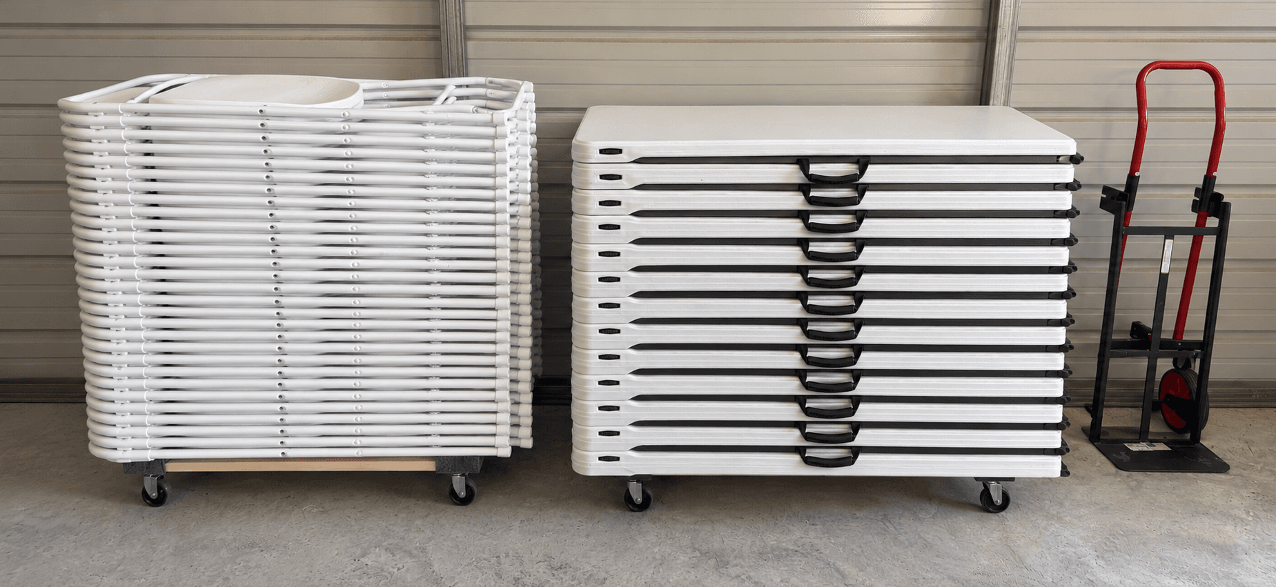 White folding tables and white folding chairs from Kristy's Kreations inventory